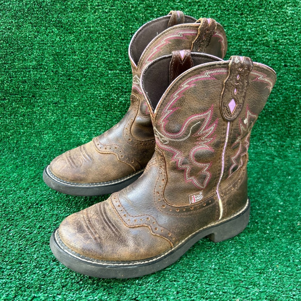 Justin Gypsy Women Brown Leather Western Cowboy Boots Pink Stitch L9903 Size 8.5